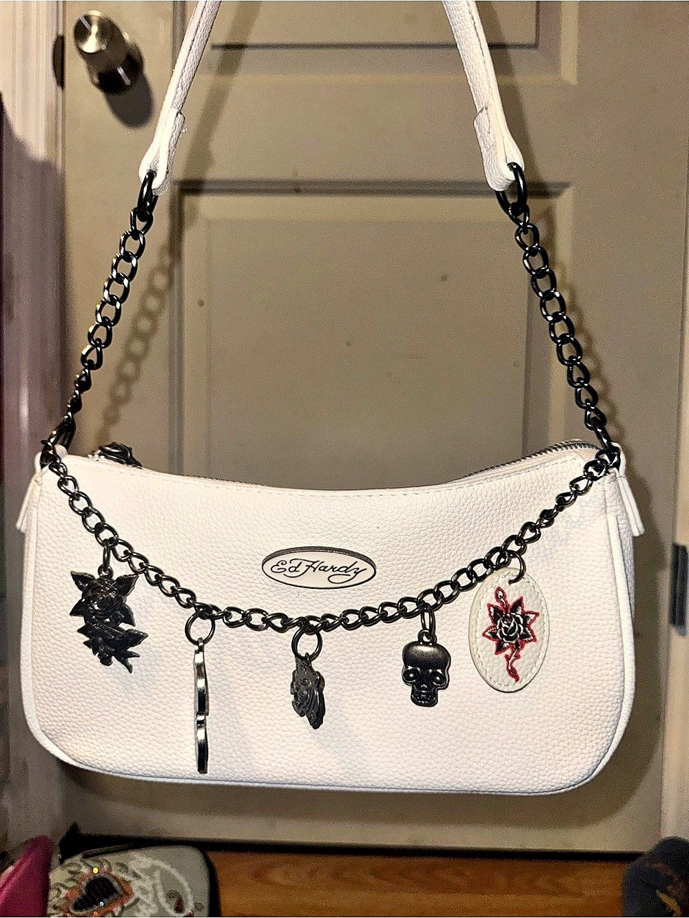 Ed Hardy Skull & Roses White Shoulder Bag with Charms and Chain & Black Shoulder